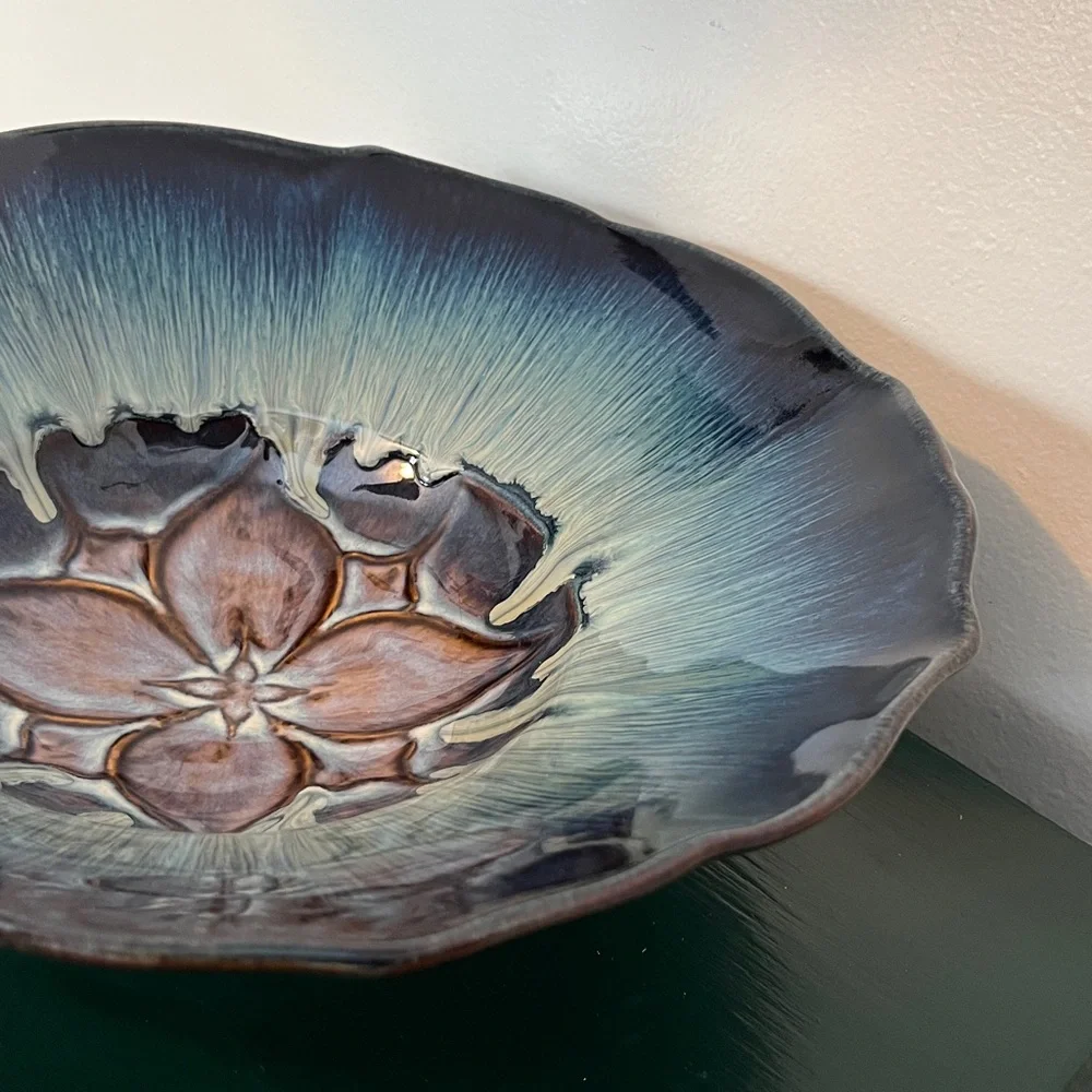 Bill Campbell Art Pottery Blue & Purple Drip Glaze Large Lotus Bowl 13''‎ Signed